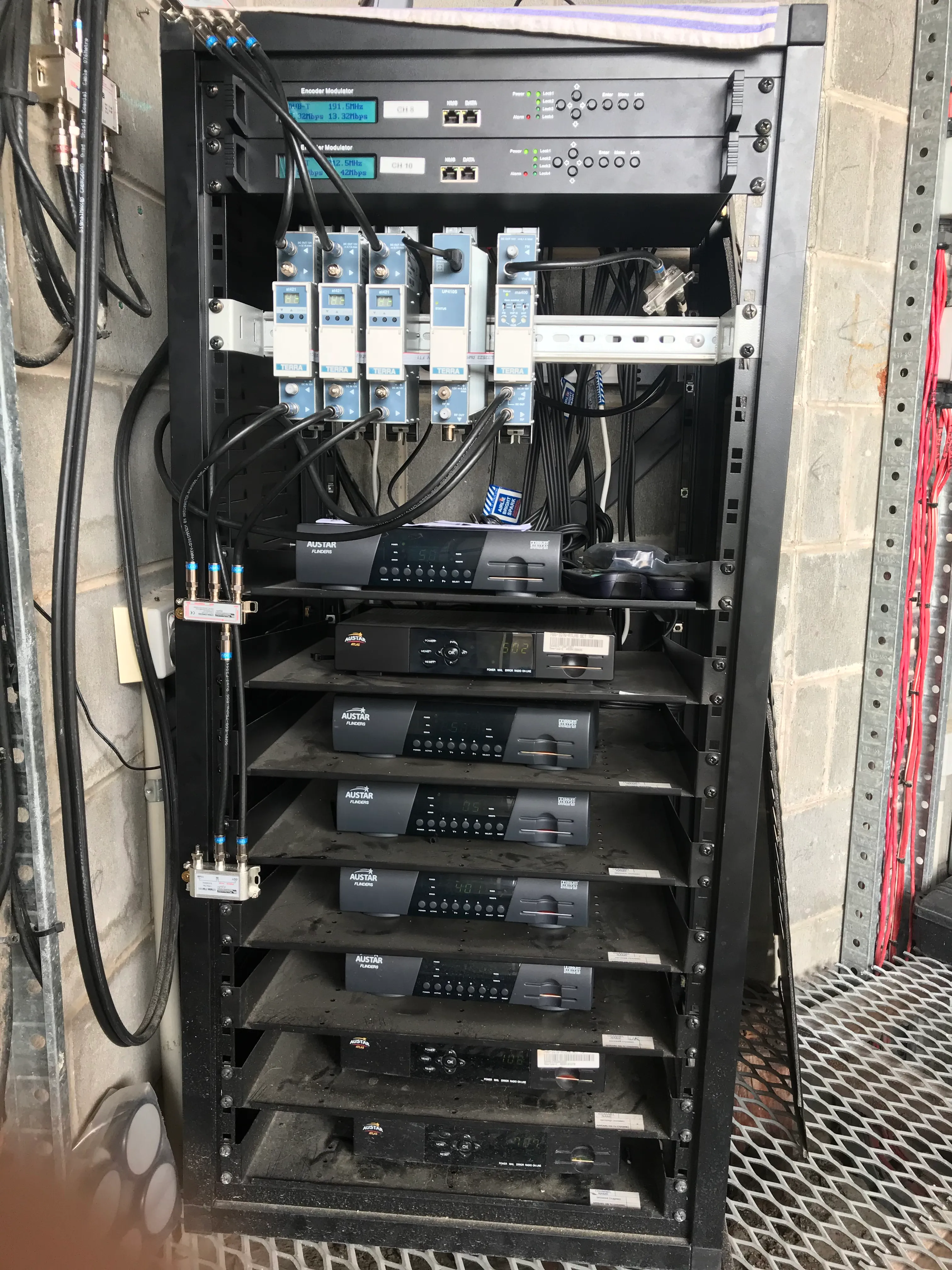 Foxtel headend cabinet — a stack of Austar set-top boxes beneath two encoder/modulators, signal splitters on a DIN rail, and coaxial distribution cabling. Club Crocodile Airlie Beach.