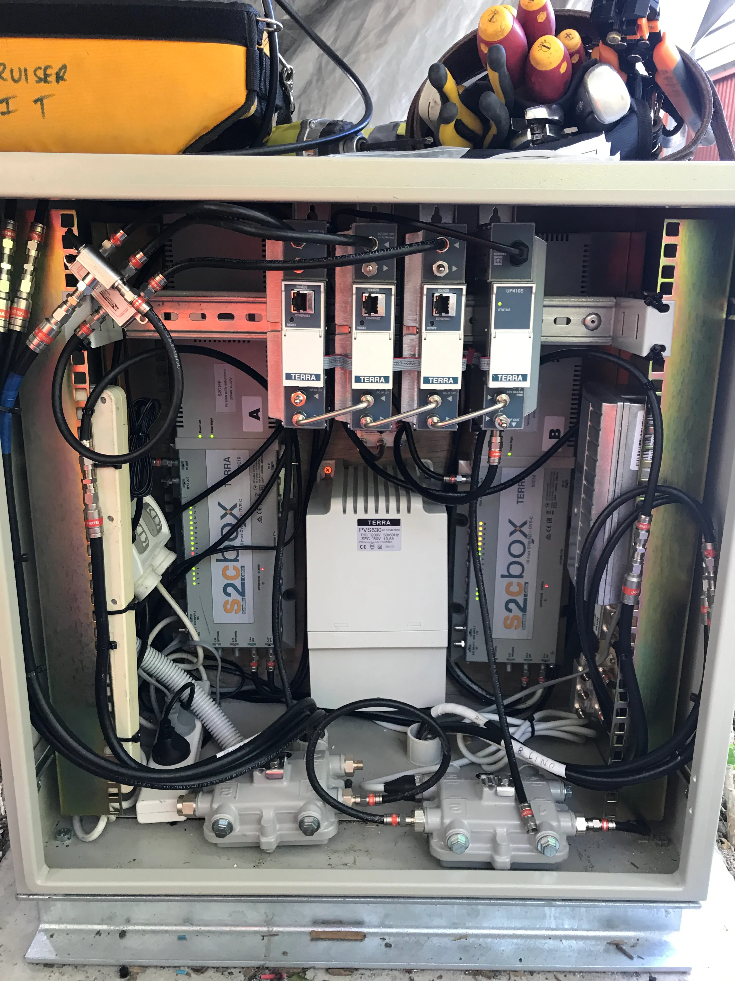 The Whitsundays' first Foxtel TDT headend, in the metal. TERRA S2C16P with S2CBox modulators and three tx420 transmodulators on redundant PVS630 power — combining FTA and Foxtel into a single coax feed for all 22 properties.