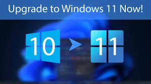  Graphic showing the Windows 10 logo and Windows 11 logo separated by an arrow, with the heading.