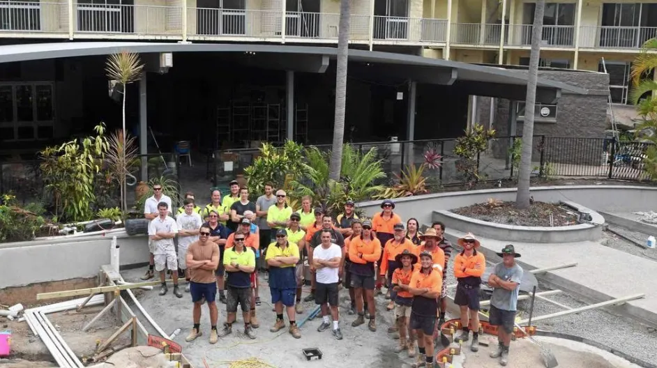 The full construction team on site at Club Crocodile Airlie Beach during the 160-room refurbishment. Multi-trade coordination across a major hospitality reconstruction.